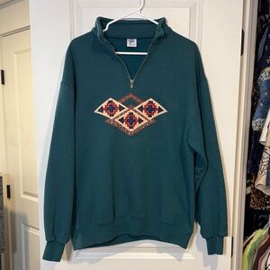 Jerzees Green Zip-Up Sweater with Geometric Design